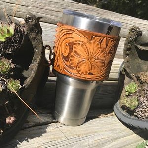 Hand tooled leather tumbler wrap